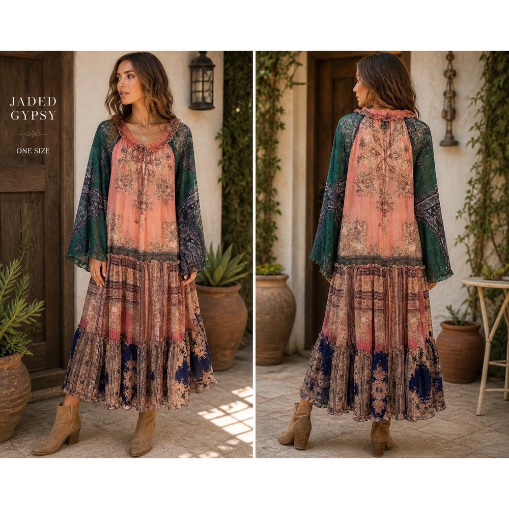 Jaded Gypsy Boho Paisley Patchwork Sheer Lurex Tiered Bell Sleeve Maxi Dress OS